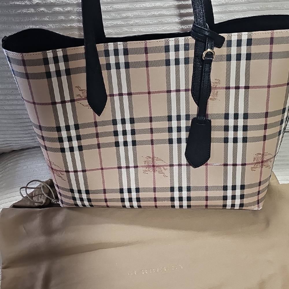 Burberry Black and Tan Plaid Tote Bag